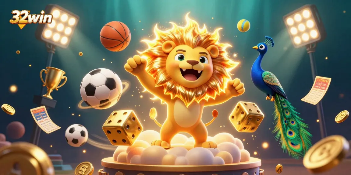 32win offers a vibrant sports betting scene with dynamic sports balls and winning trophy elements