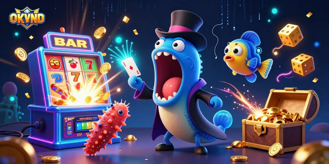 Experience thrilling gaming adventures with OKVND's vibrant slots and lively characters in a dynamic casino scene.
