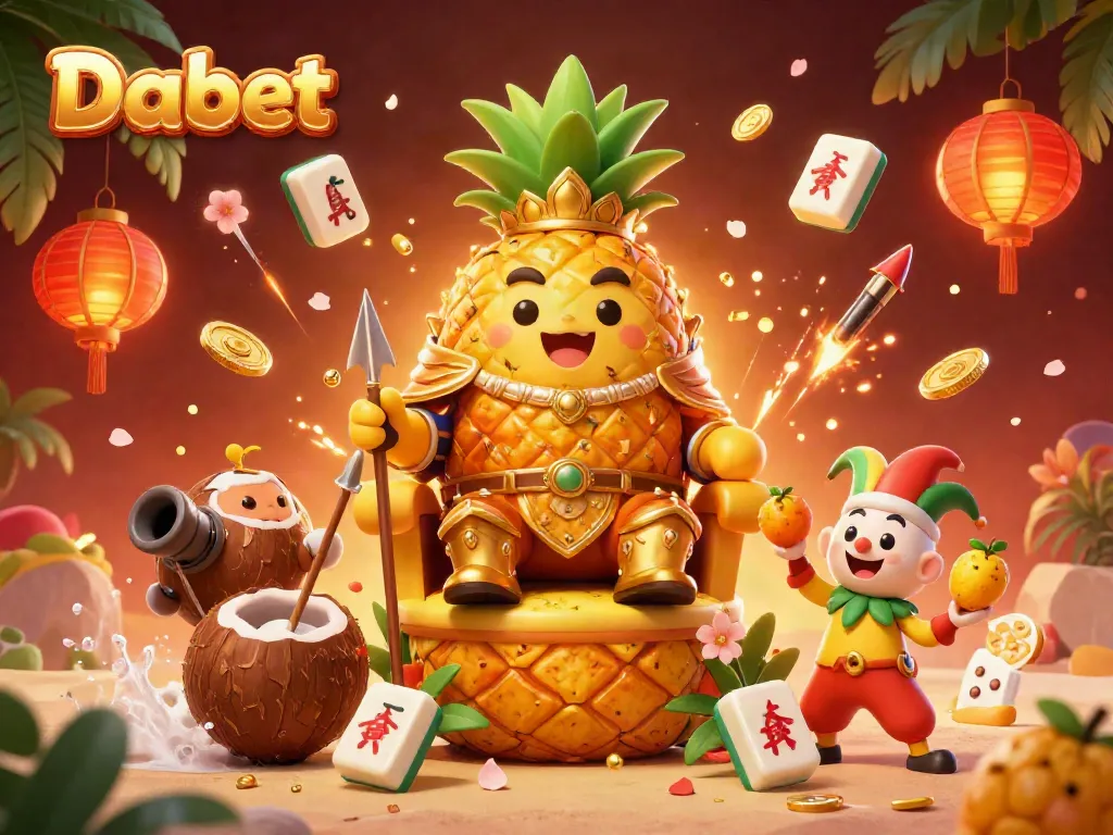 Dabet's royal pineapple king enthroned with festive casino elements at a vibrant beach setting.