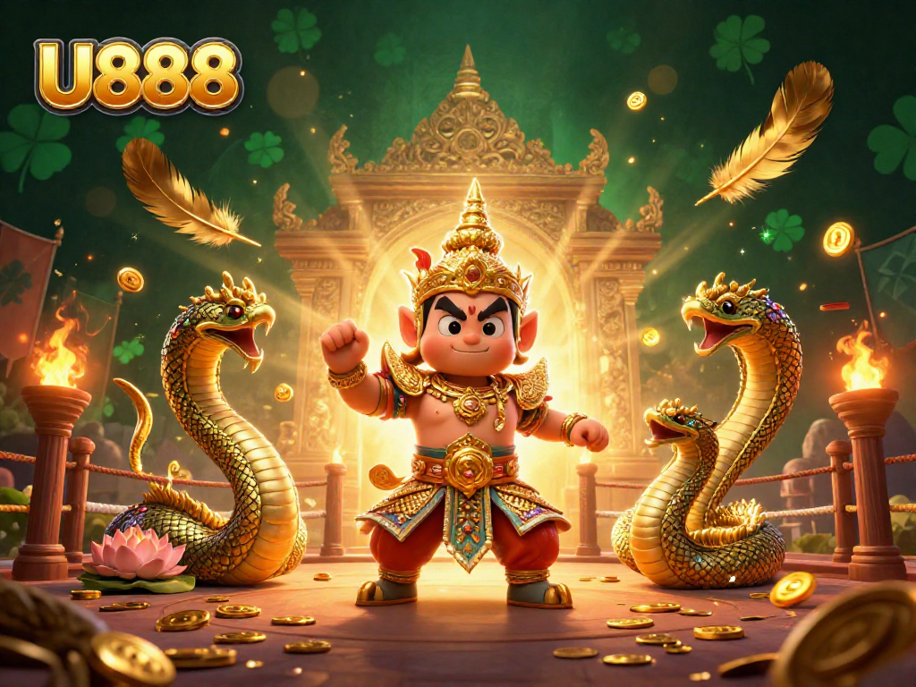 Join the excitement of U888 with vibrant Thai temple guardian and action-packed casino elements.