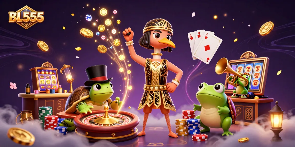 Win big at BL555 with vibrant casino illustration featuring a 3D crane and lucky symbols.