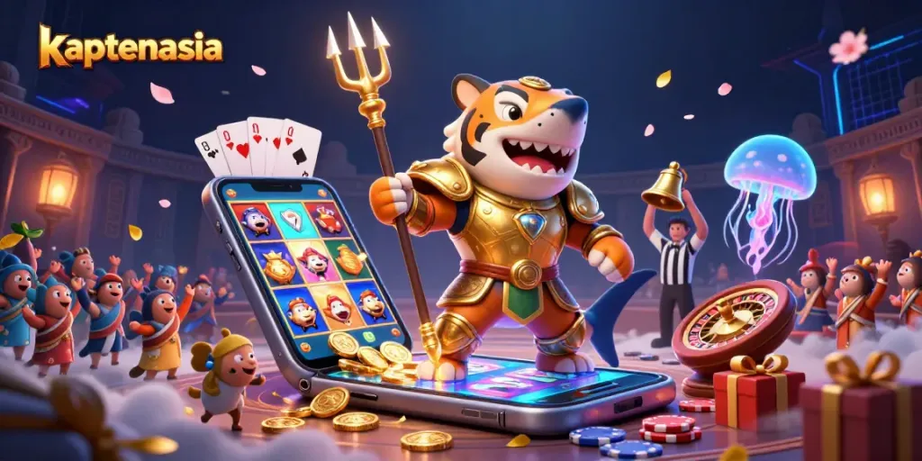 Engage with the thrilling underwater world of kaptenasia featuring a tiger shark in gladiator armor amidst vibrant casino elements.