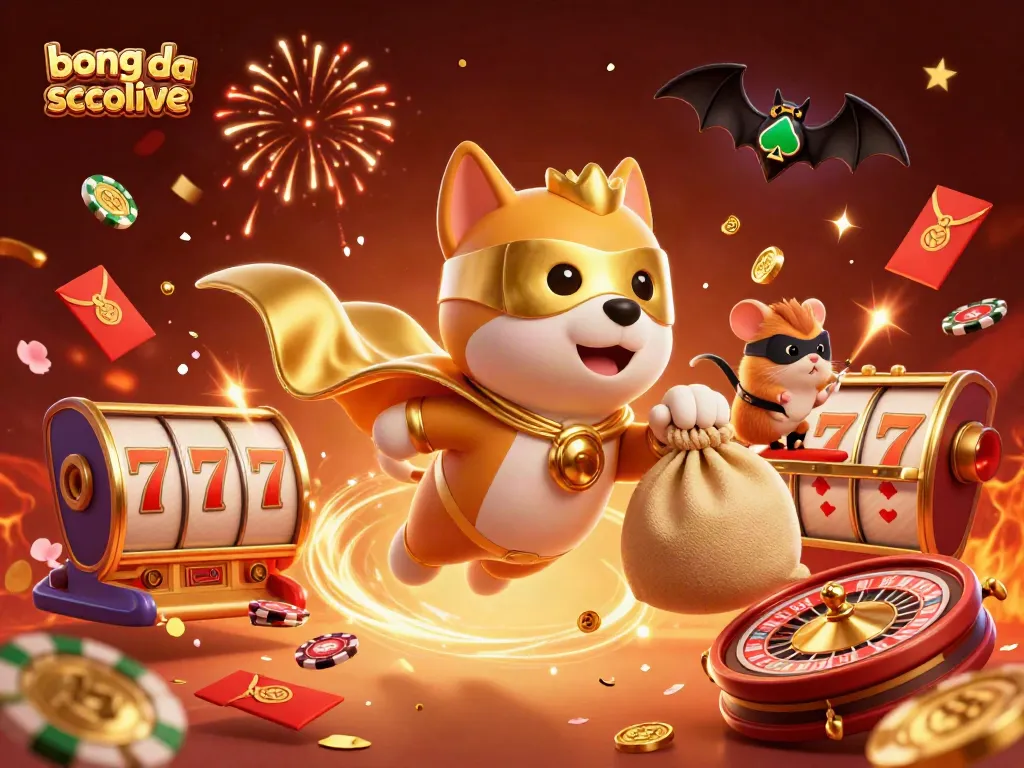 Bong da socolive showcases a thrilling casino adventure with a superhero dog and vibrant slot machines in the sky.