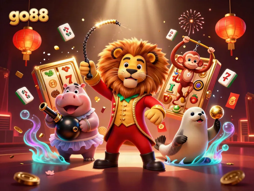 Engage in go88 gaming with vibrant circus characters surrounded by slot reels and rich casino elements.