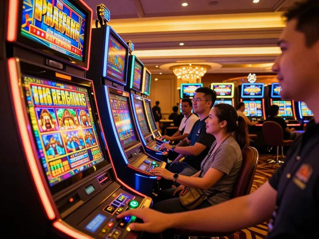 Engaging scene of players enjoying Slot Terpercaya at a colorful casino, immersive gambling experience.