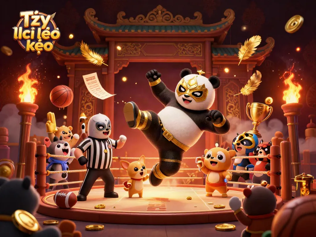 Celebrate Tỷ lệ kèo sports betting excitement with this dynamic illustration of a panda wrestler and chihuahua referee.