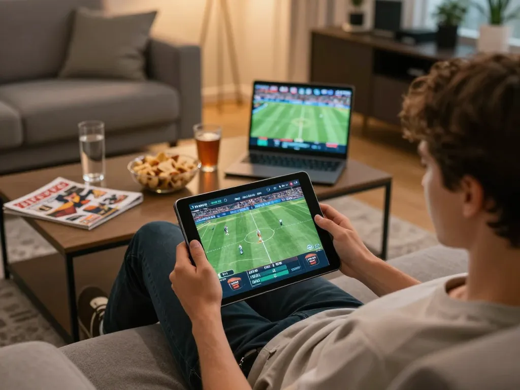 A person engaging in sports betting on xx88, showcasing mobile gaming at home.