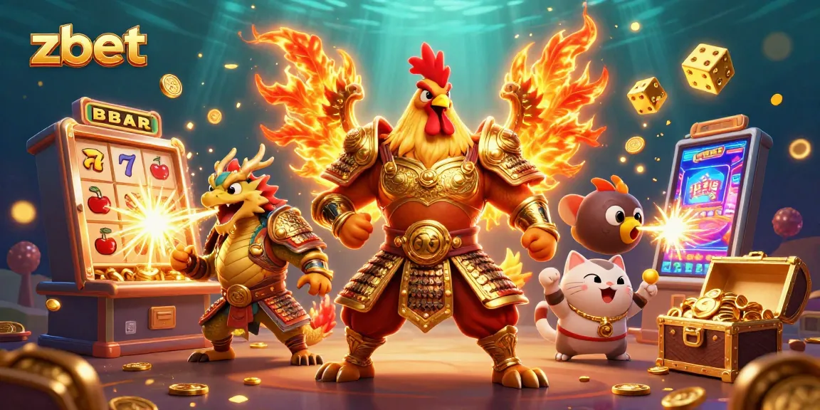ZBET showcases a thrilling casino adventure featuring a warrior rooster, dragon, and a fortune cat amidst vibrant games and jackpots.