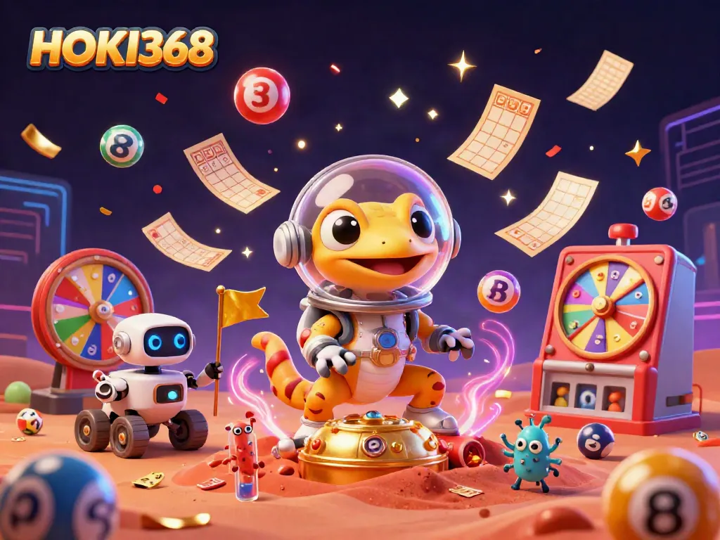 HOKI368 showcases a Martian gecko exploring a golden casino with vibrant lottery elements.