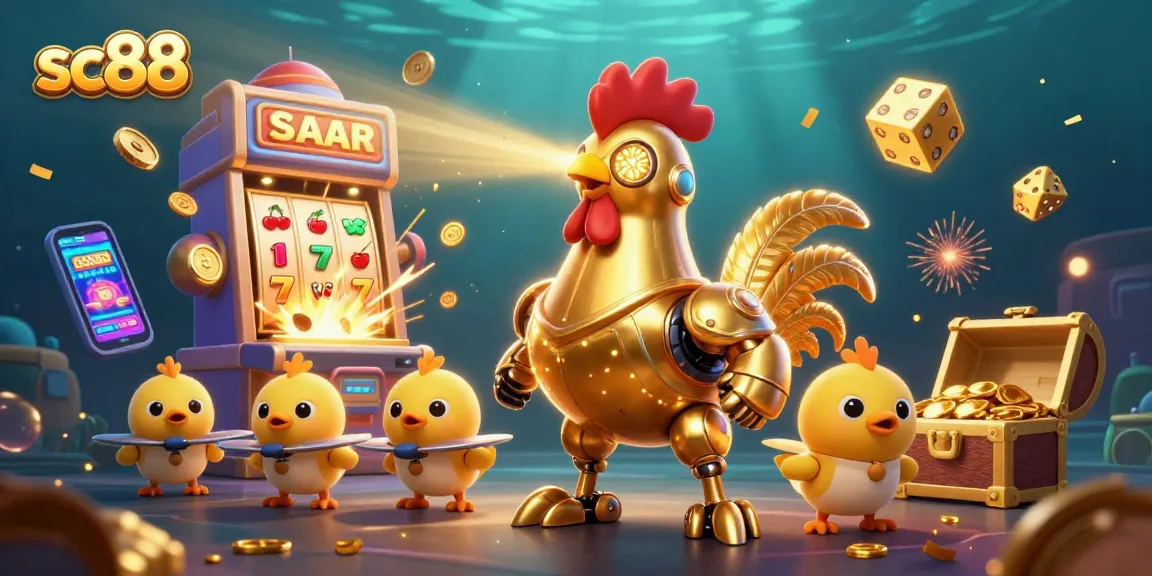 Experience exciting gameplay with sc88's golden rooster robot and baby chick drones amidst a jackpot explosion.