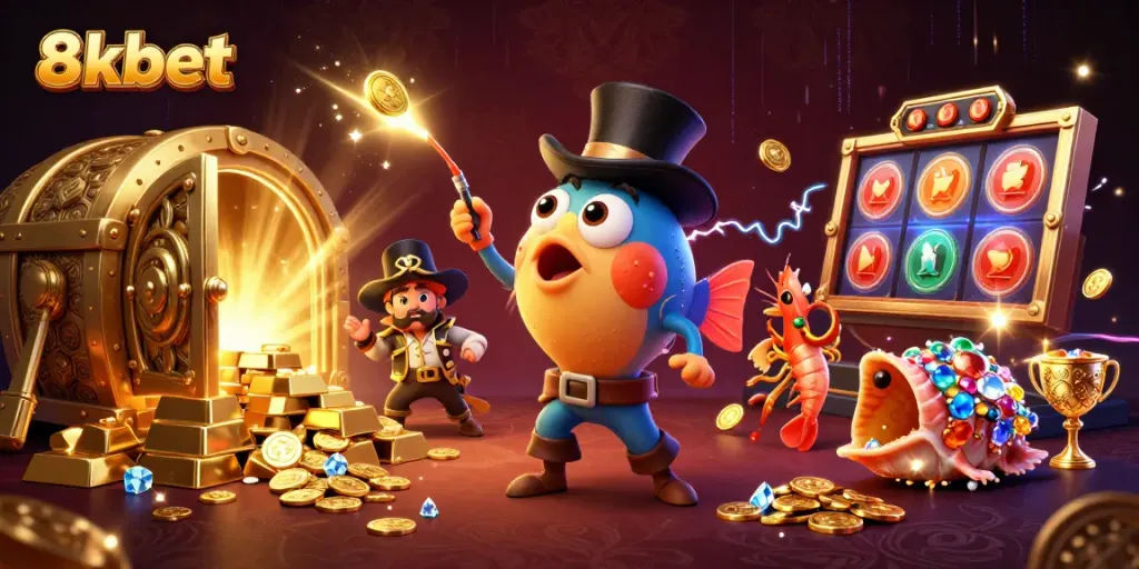 Experience the excitement of 8xbet with a 3D illustration showcasing vibrant treasures and thrilling gambling elements.
