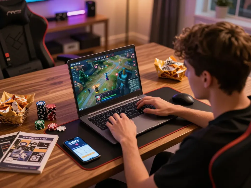 KADAL 778 player strategizing online gaming with laptop and betting app in cozy home.
