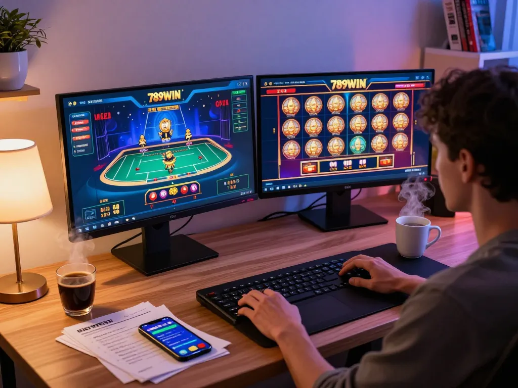 Player engaging with 789WIN online casino on dual screens in a stylish home office setting