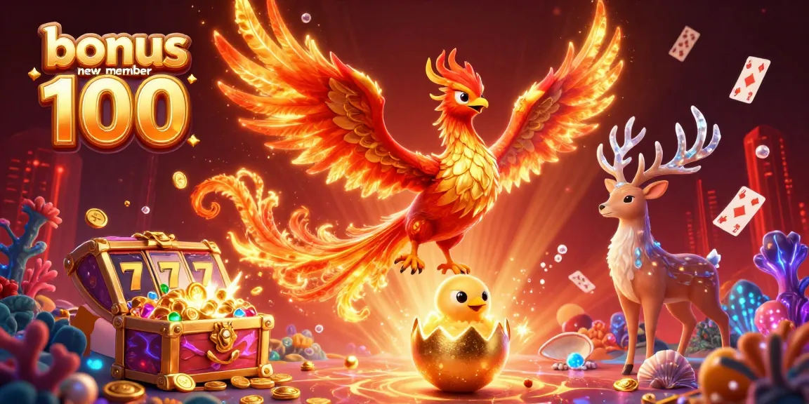 Engage with the exciting bonus new member 100 offering, featuring dynamic casino elements in a vibrant phoenix-themed illustration.