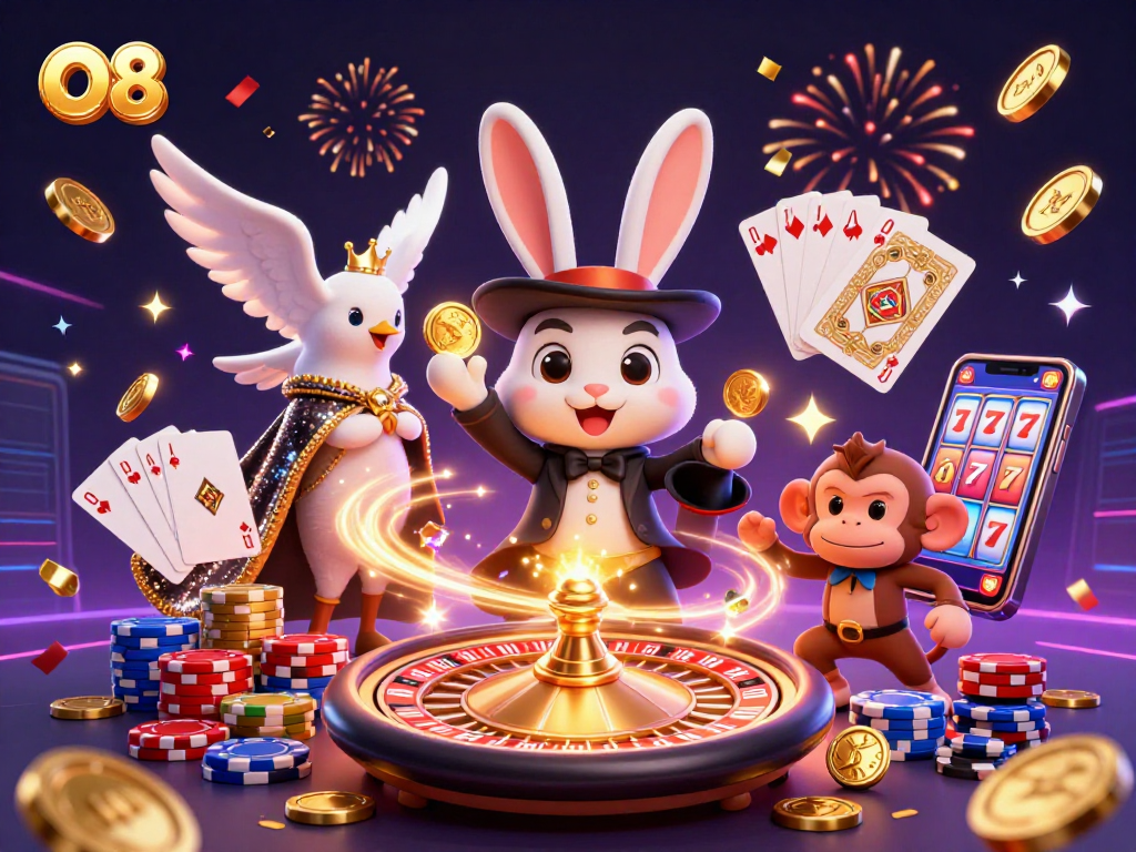 Engage with O8's thrilling gaming experience as a magician unveils treasures amidst vibrant casino elements.