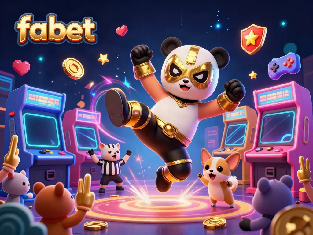 Experience the thrill of fabet with an energetic 3D scene featuring a wrestler panda and a referee chihuahua.