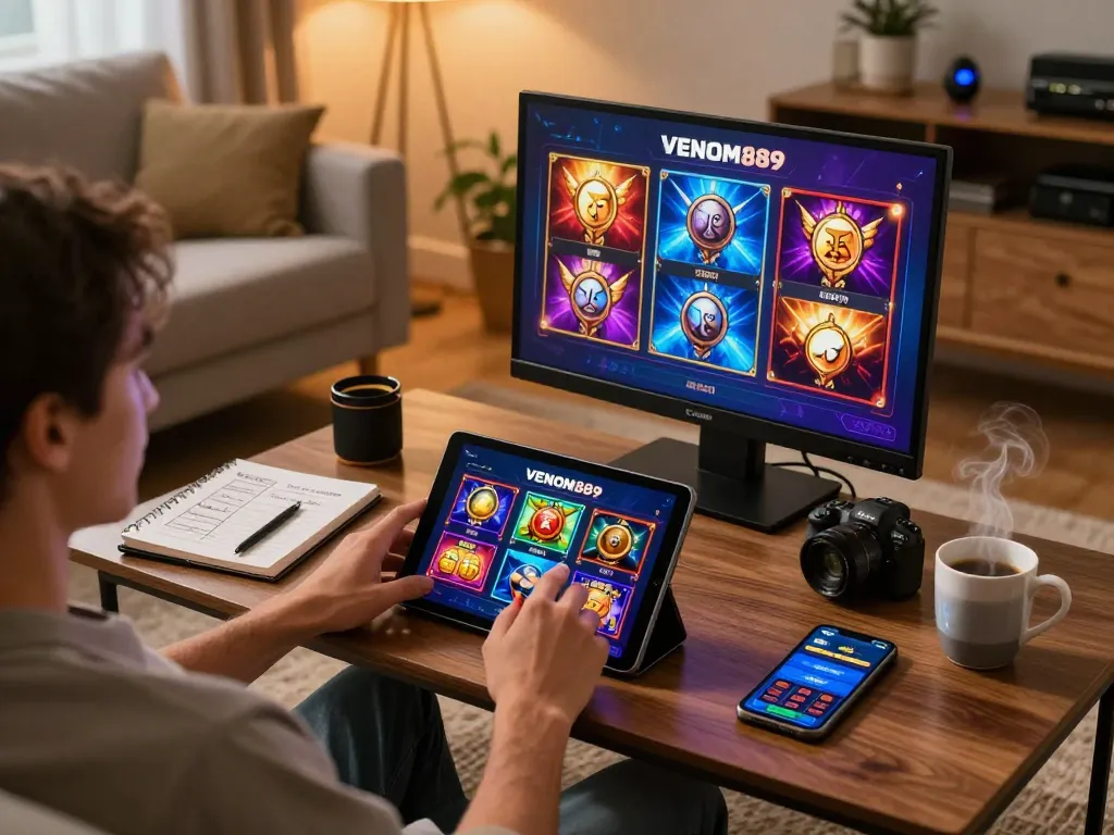 Experience thrilling VENOM889 Slot gameplay on a tablet in a cozy home setting.