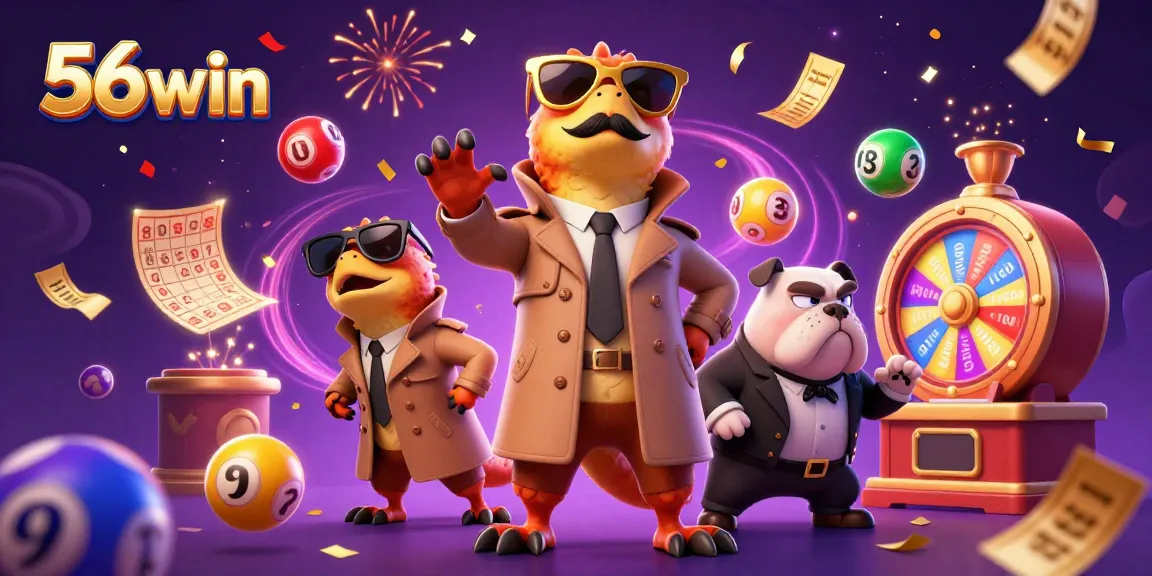 Engage with 56win's vibrant scene featuring raptors in disguise at a casino, surrounded by dynamic game elements.