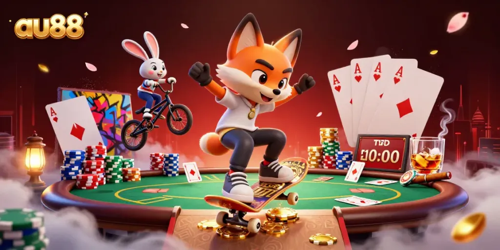 Experience thrilling action in au88 with a cartoon fox and rabbit performing stunts at a vibrant casino scene.