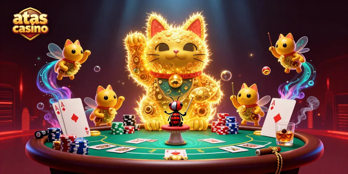Experience the excitement of atas casino with a vibrant illustration featuring a lucky cat made of fireflies.