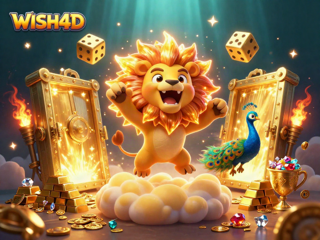Experience the thrill of WISH4D as a lion roars amidst golden treasures in a vibrant casino scene.