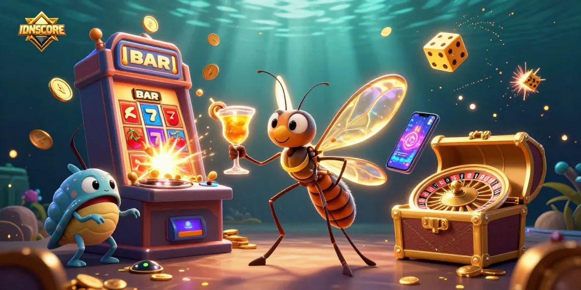 IDNSCORE casino scene with a mosquito mascot, trilobite DJ, and golden roulette wheel featuring vibrant colors and dynamic gaming elements.
