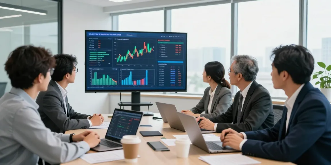 Collaboration dans un bureau moderne sur le CIBC business avec des professionnels discutant autour de données financières.