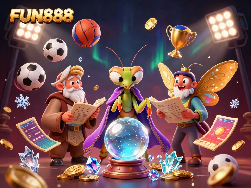 Bet and play with FUN888: a vibrant scene featuring a fortune teller and librarian amidst a whirlwind of sports elements.