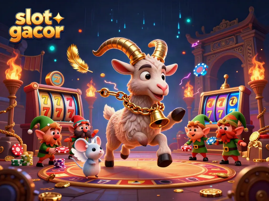 Experience thrilling slot gacor excitement with Krampus and festive characters in a dynamic casino scene.