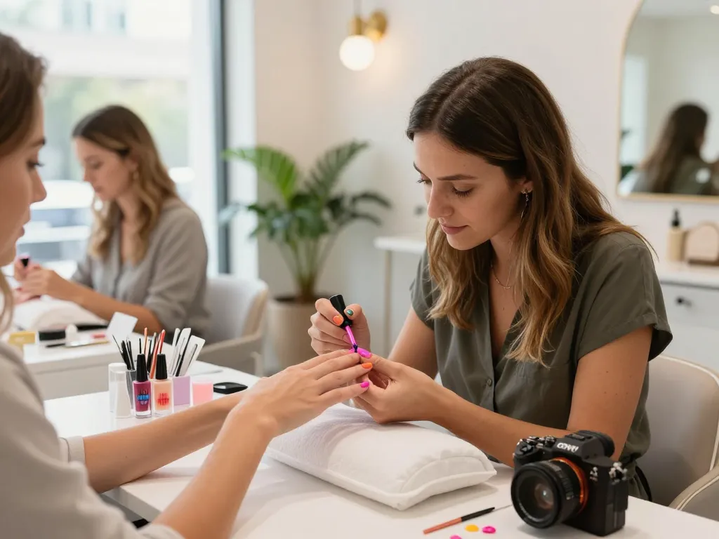 Nail technician applying polish in a hygienic beauty salon with modern decor and bright atmosphere.