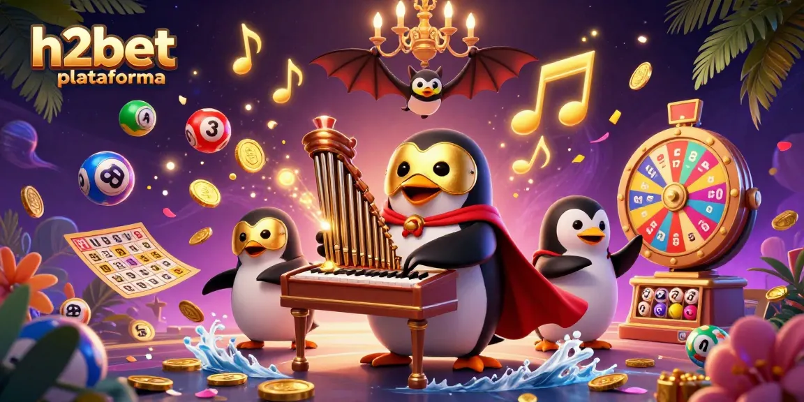 Ilustração da plataforma h2bet com um pinguim fantasma jogando na caixa de organo com moedas de ouro.
