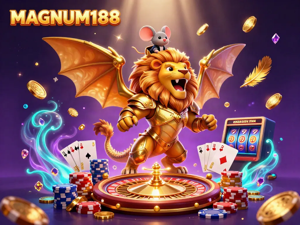 Experience MAGNUM188's thrilling casino adventure with an enchanting chimera and vibrant gold elements.