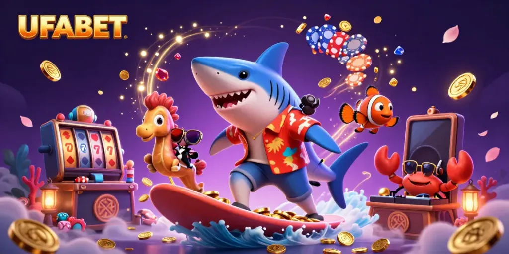 Experience thrilling gaming action with UFABET's vibrant illustration featuring a shark, clownfish, and crab DJ.