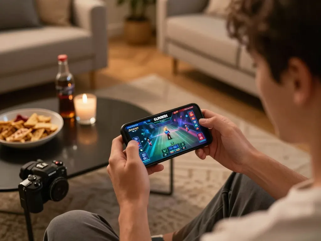 SUNWIN player placing bets on smartphone in a cozy home gaming setup