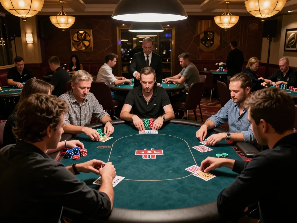 Engaging gameplay scene featuring top game bài đổi thưởng at a bustling poker table in a luxury casino.