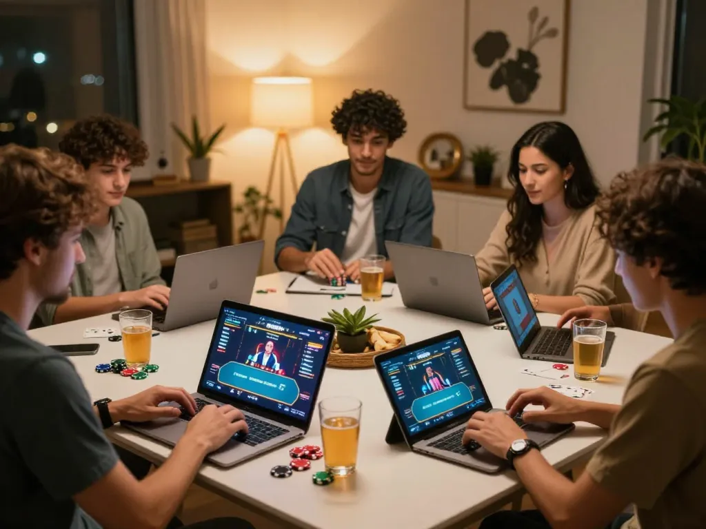 Friends engaging in exciting online poker gameplay on their devices while enjoying drinks, featuring bong99 content