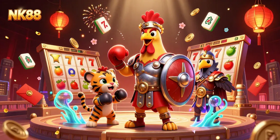 Engage with NK88 in a vibrant casino scene featuring unique characters and dynamic slot elements.