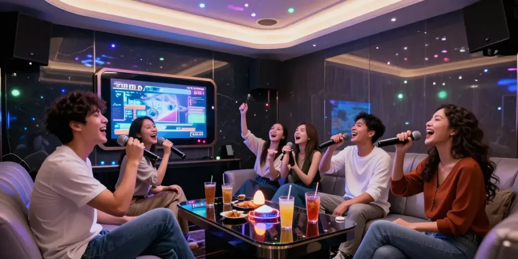 달토가라오케에서 친구들과 노래 부르는 즐거운 장면