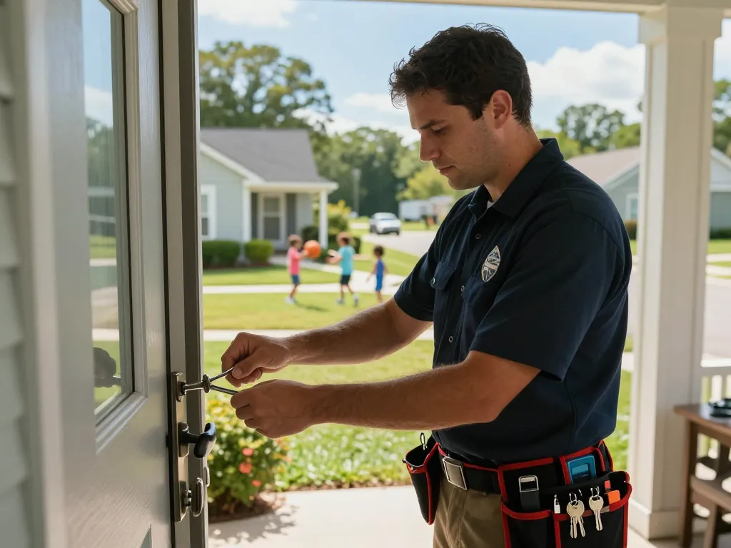Locksmith in Fort Pierce unlocking a residential door while ensuring community safety.