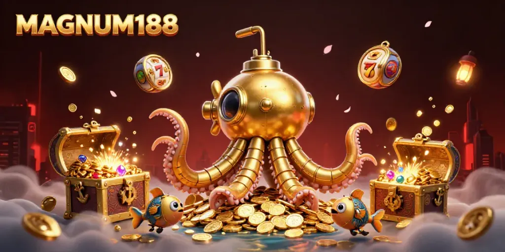 Engage in thrilling adventures at MAGNUM188 with a golden kraken submarine amidst a treasure scene.