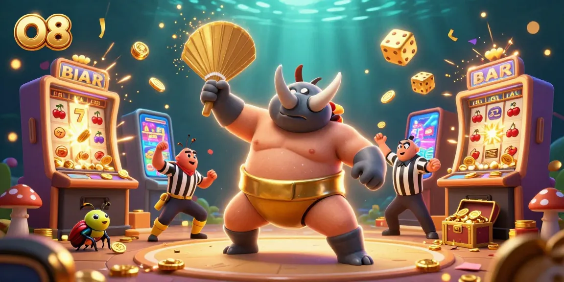 O8 creates excitement in this vibrant casino scene with flying coins and game symbols.