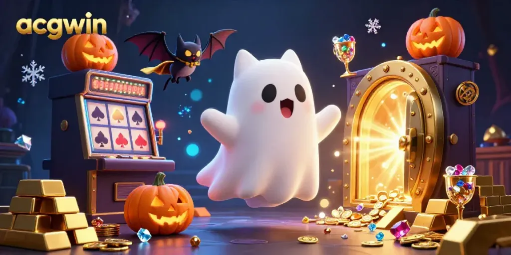 Experience the thrill of acgwin as the ghost cat haunts a vibrant casino scene filled with gold and gems.