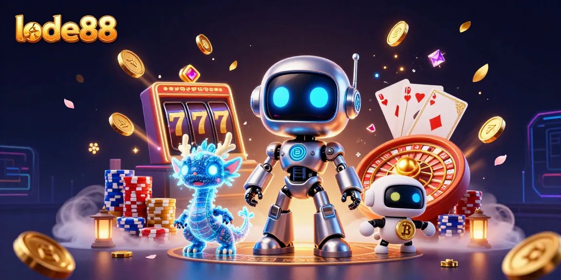 Lode88 slots gaming adventure featuring a futuristic cyberpunk robot and vibrant casino elements.