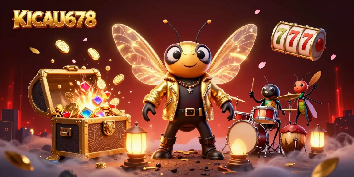 KICAU678 offers a vibrant casino world featuring a rock star cicada with treasures and slot reels.