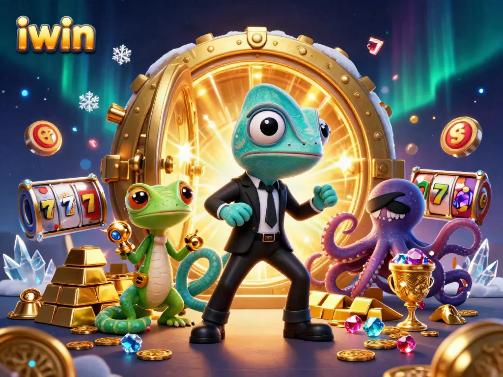 Join the thrill with iwin in this vibrant casino scene featuring secret agent characters and golden treasures.