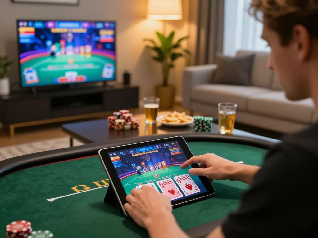 Player engaging in online poker on take2 tablet in a cozy living room setting.