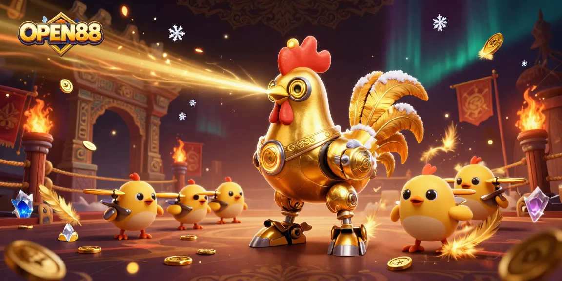 Experience the thrilling world of OPEN88 with a dynamic golden rooster robot and baby chick drones in an immersive casino setting.