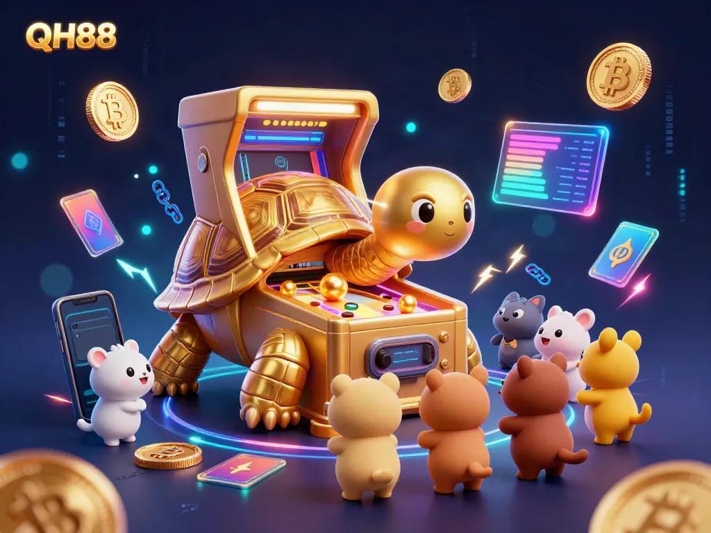 Experience thrilling gaming excitement with QH88 featuring a grand golden tortoise pinball machine amidst crypto elements.