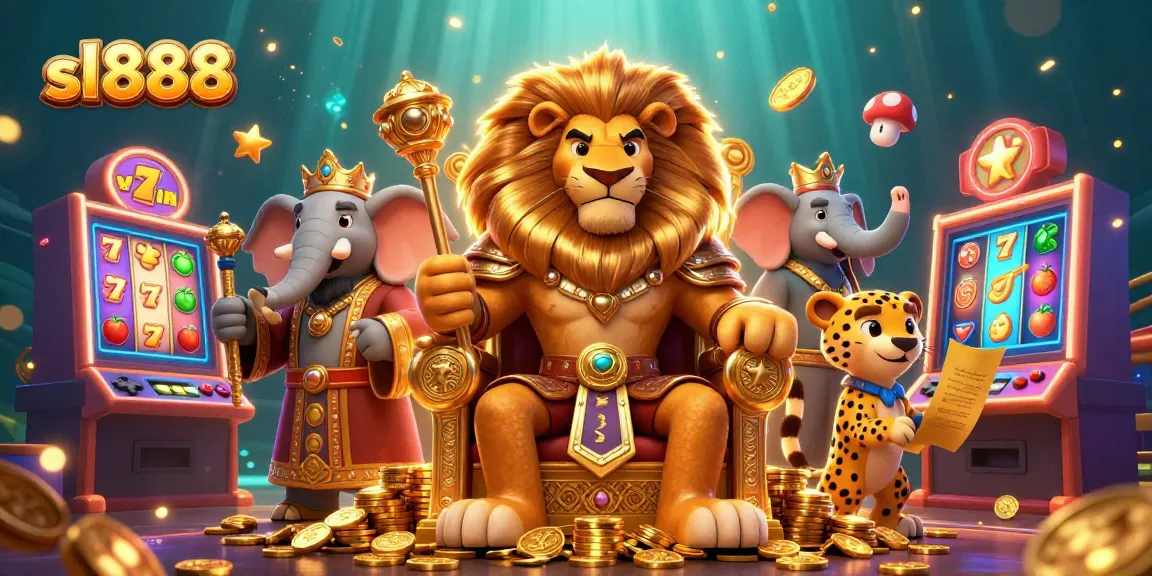 Spin the reels at sl888 with a fierce lion king and gaming elements shining in gold.