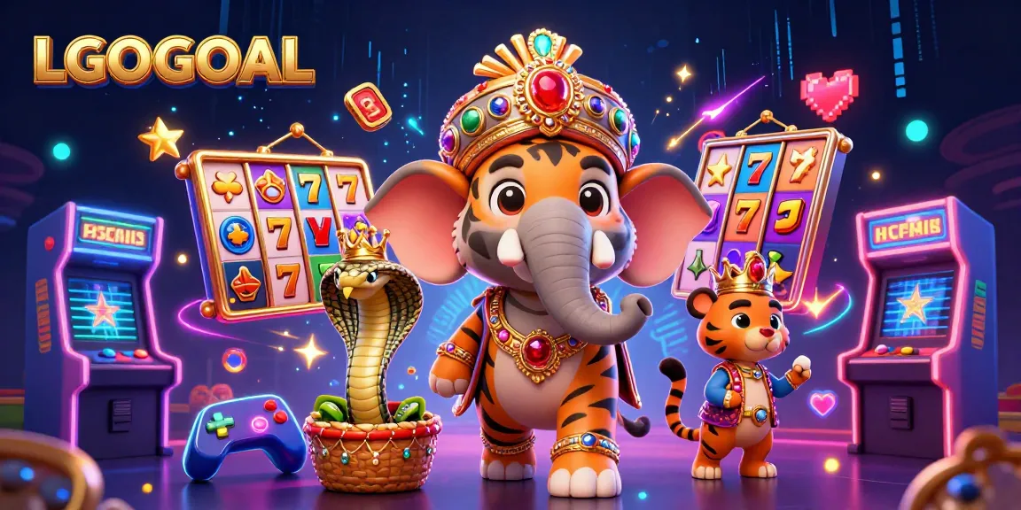 Engage with LGOGOAL's vibrant slots scene featuring a regal cartoon tiger and colorful game elements.
